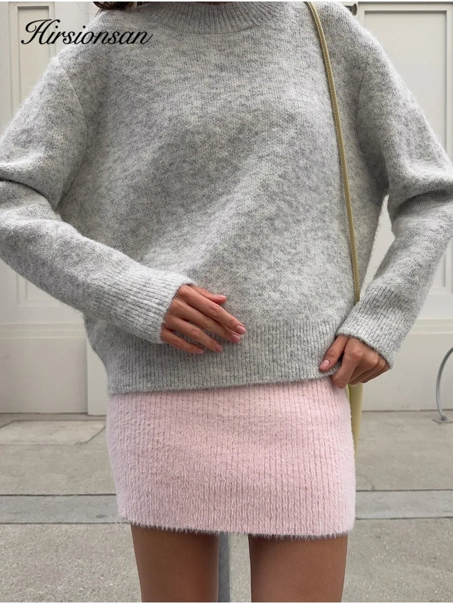 Hirsionsan Basic O Neck Basic Sleeve Sweater Women 2025 Oversized Short Knitted Wool Pullover Female Casual Thick Warm Soft Tops Quick Pick Grocers