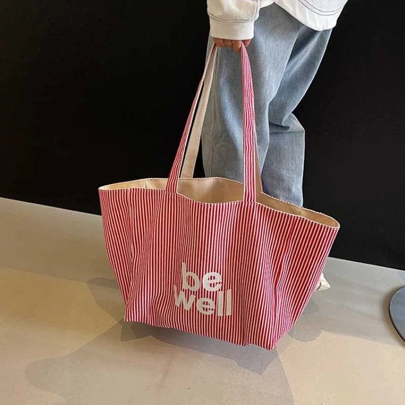 Casual Large Stripe Women's Shoulder Bag 2025 New Fashion Commuter Tote Bag High Capaci Canvas Handbag for Youth bolso mujer Quick Pick Grocers
