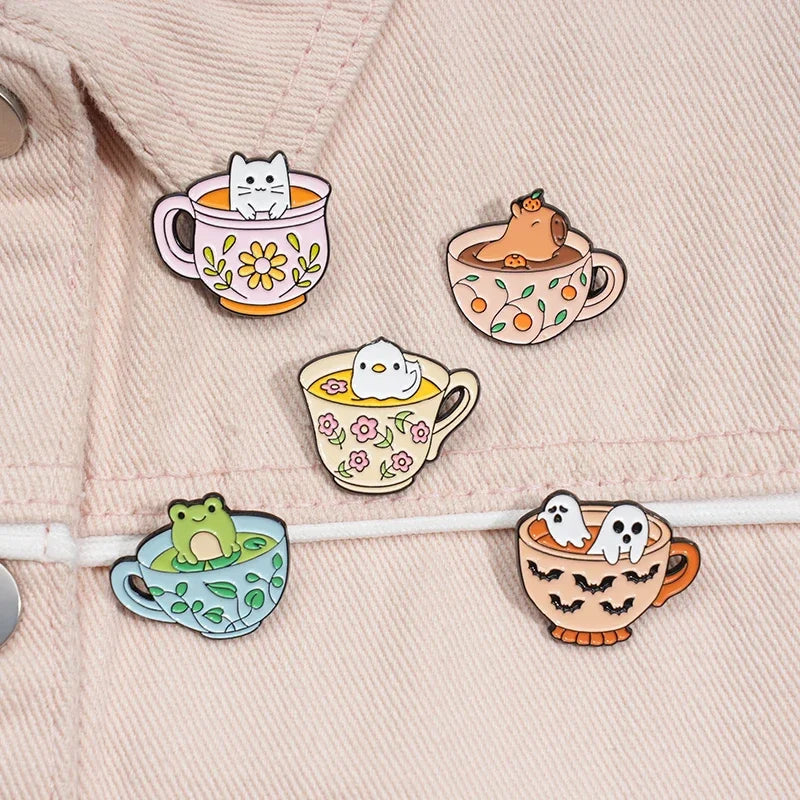 Creative Coffee Cup Animal Collection Enamel Pins Ghost Duck Capybara Frog Brooch Lapel Badge Cute Halloween Jewelry Kid Gift  ﻿ Quick Pick Grocers