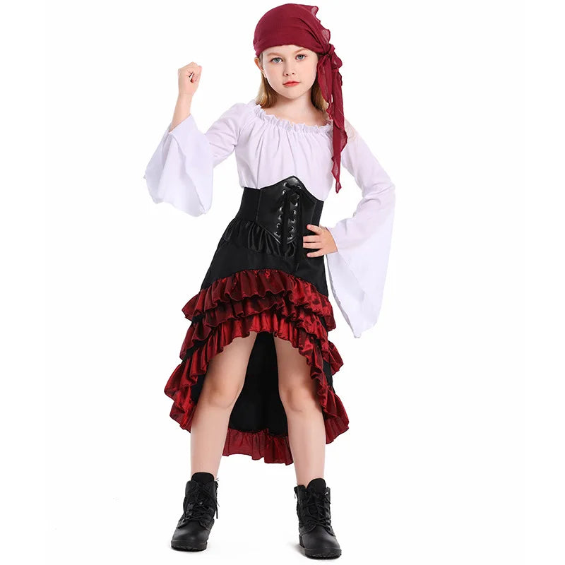 Halloween Kids Girls Medieval Pirate Cosplay Costume Captain Huntress Corset Dress Lace Up Retro Gothic Suit Fancy Party Dresses Quick Pick Grocers