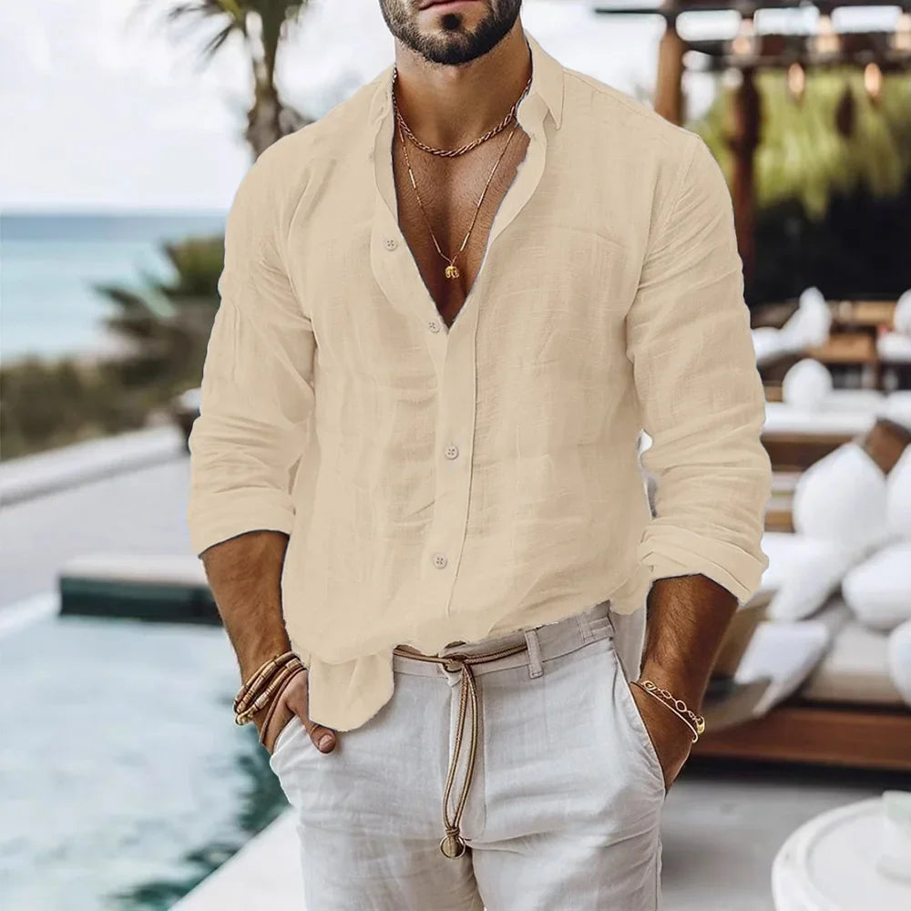 Cotton Linen Shirt for Men Summer Beach Style Solid Color Single Breasted Breathable Shirts Lightweight Stylish Button Tops Quick Pick Grocers
