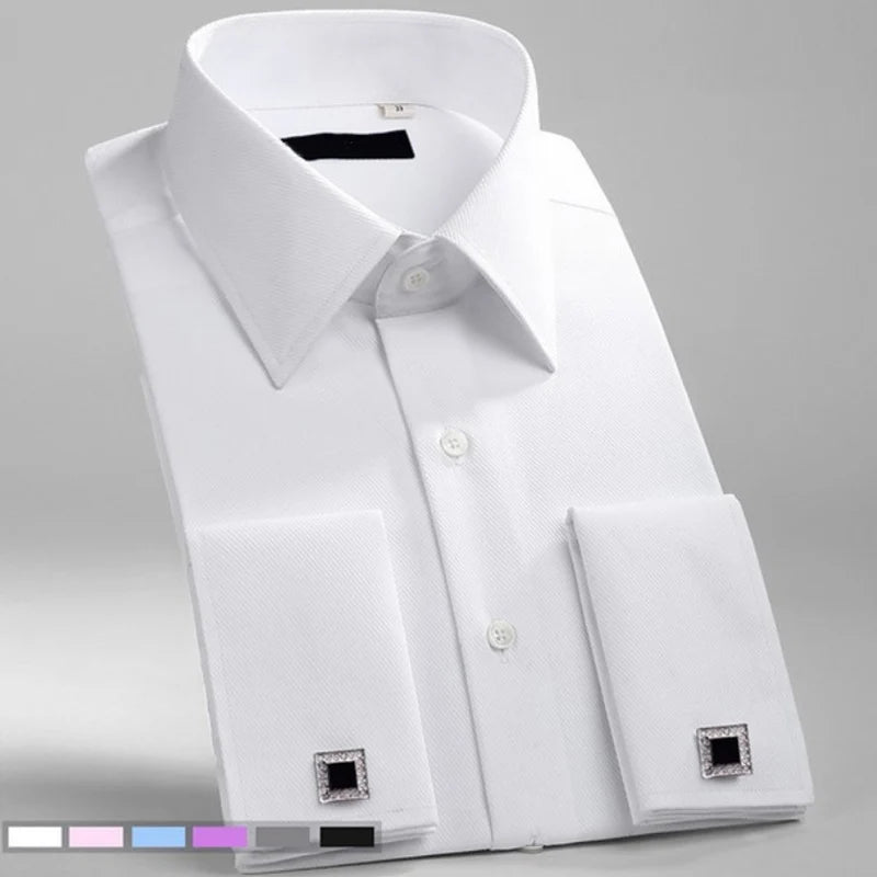 Men's Classic French Cuffs Social Dress Shirt Formal Business Standard-fit Long Sleeve Wedding Party Office Work White Shirts Quick Pick Grocers