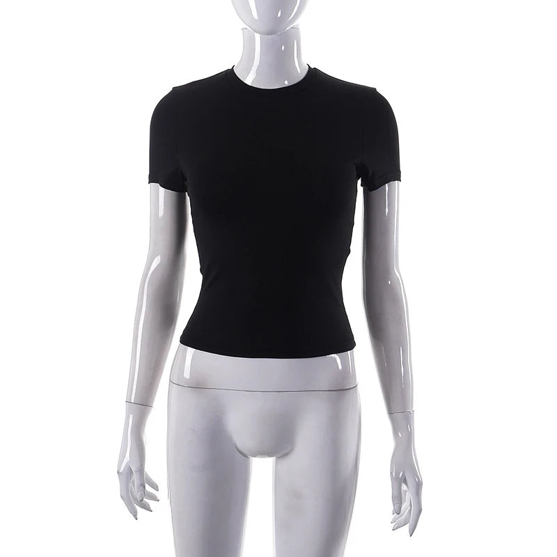 2024 Spring New Short Sleeve T-Shirt Women Solid Simple Casual Soft All-Match Hot Basic Crop Tops Tees Summer Fashion Quick Pick Grocers