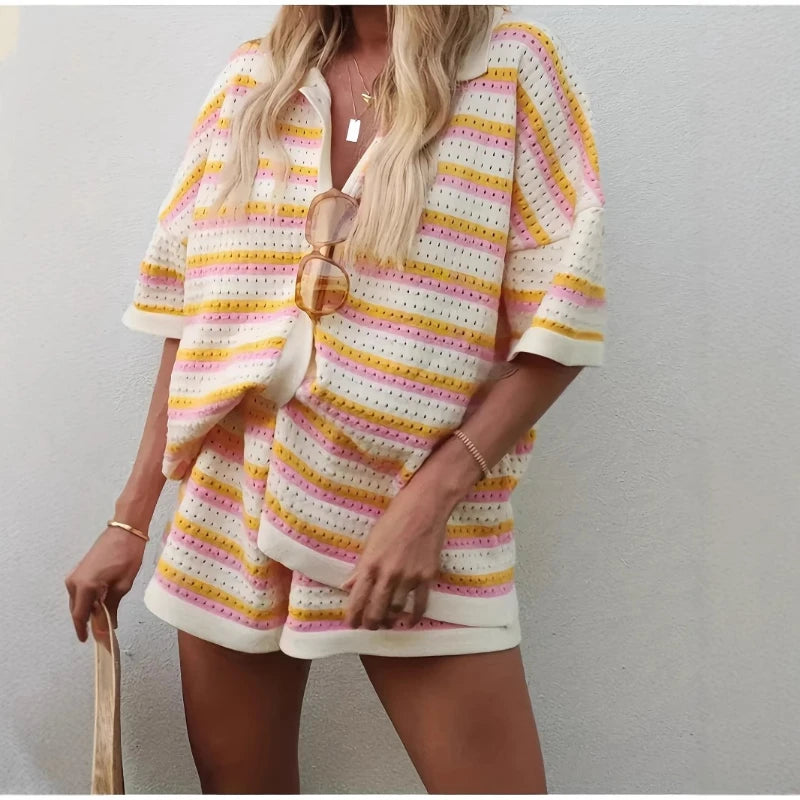 2025 Summer Women'S Hollow Striped Knitted 2 Pieces Set Short Sleeve Flip Collar Cardigan Single Breasted Casual Shorts Suits Quick Pick Grocers