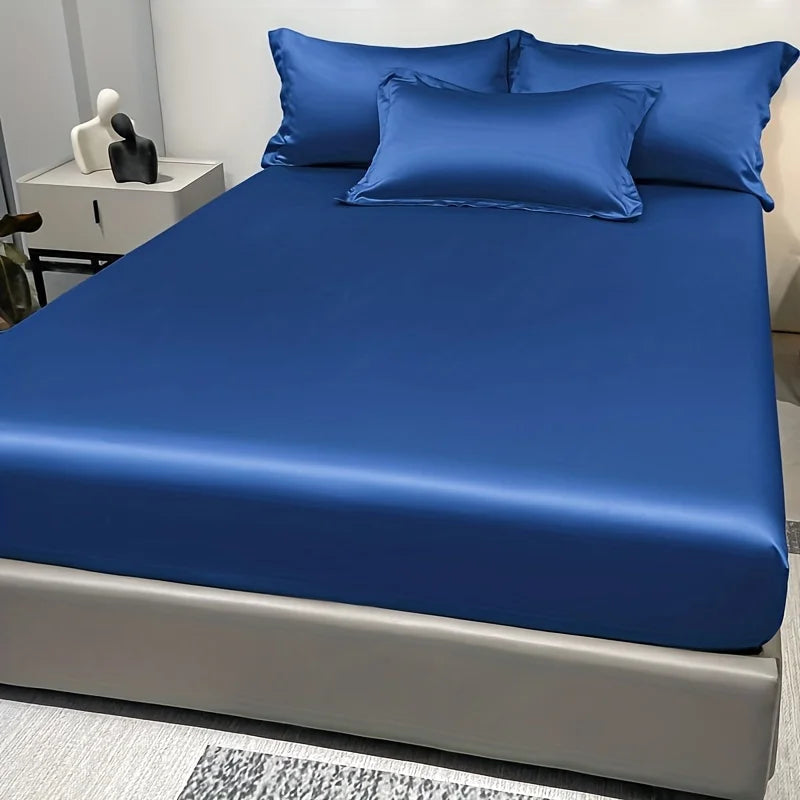1 Simple Modern Satin Solid Color Fitted Sheet, Solid Color Ice Silk Bedspread For Bedroom, Bedding (Excluding Pillowcases) Quick Pick Grocers