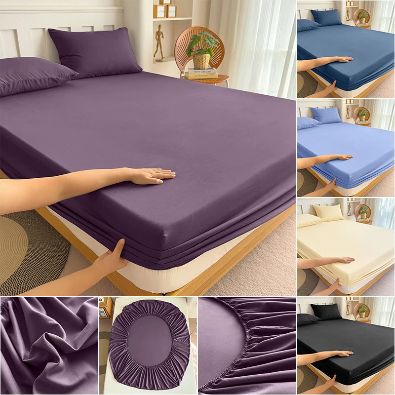 High Quality Fabric Fitted Sheet With Elastic Band Solid Color Mattress Sheet for King Queen Bed 150x200 180x200 200x220cm 1PC Quick Pick Grocers