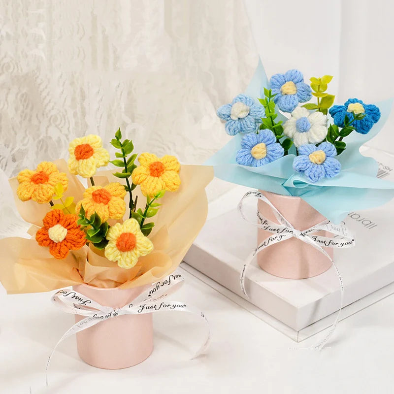 Knitted Flower Bouquet Crochet Rose Flowers Hugging Bucket New Year Gifts Living Room Desk Decoration Mother's Day Gift Quick Pick Grocers