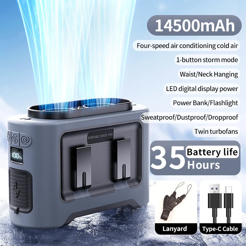Socoolfan 14500mAh Outdoor Fan Portable Waist Hanging Neck Strong Dual Air Vents Fans for Travel Sports Courier Outdoor Working Quick Pick Grocers