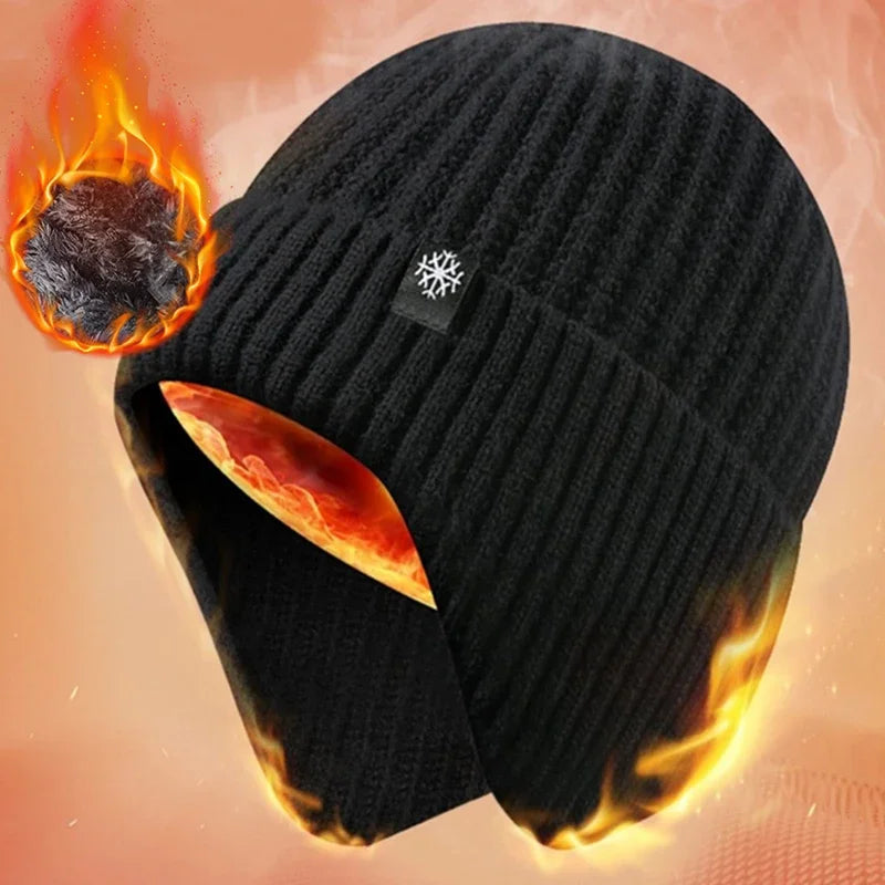 Outdoor Men Winter Knitted Hat Plush Warmth Peaked Cap Earmuff Casual Fashion Faux Fur Lined Bomber Hats Cycling Ear Protection Purest Peak