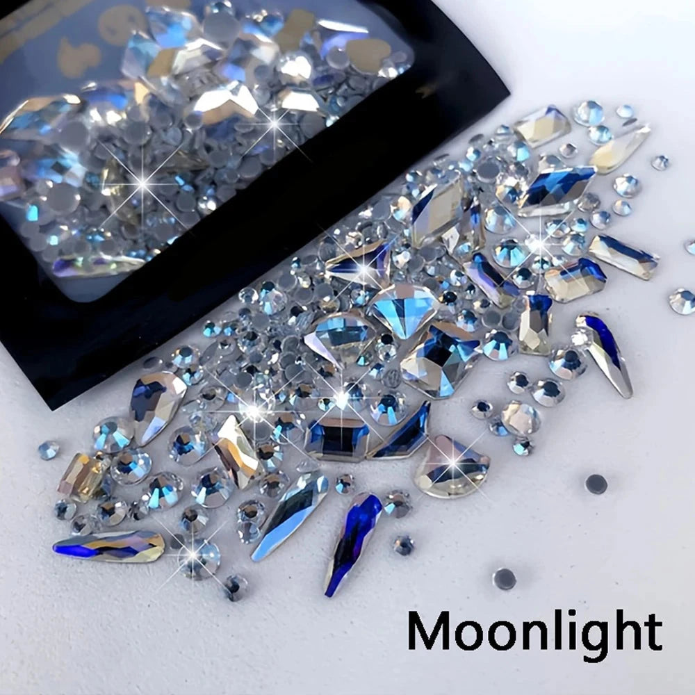 180pcs AB Flatback Glass Nail Art Rhinestones Multi-shape Mixed Diamond Gems Blue Purple Crystal Stones For DIY Nail Decoration Econic Blanks