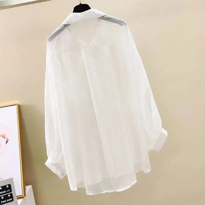 Summer Sunscreen Shirt Elegant Perspective Thin Chiffon Blouse Korean Harajuku See Through Loose Top Casual Women's Cardigan Quick Pick Grocers
