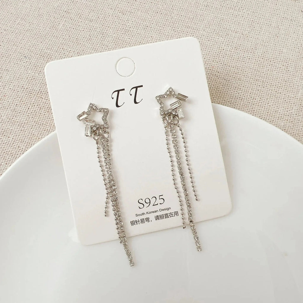 2024 New Simple Stars Tassel Earrings for Women Korean Charm Delicate Shiny Rhinestone Drop Earring Fashion Wedding Gift Jewelry Econic Blanks