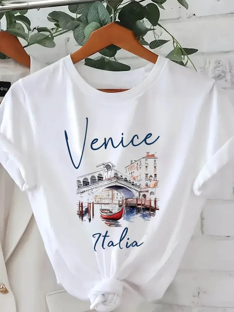 Hot Sale Venice Italia Letter Print Women's Crew Neck T-Shirt  Casual Short Sleeve Letter Print Spring Summer Top Tee T Shirt Quick Pick Grocers