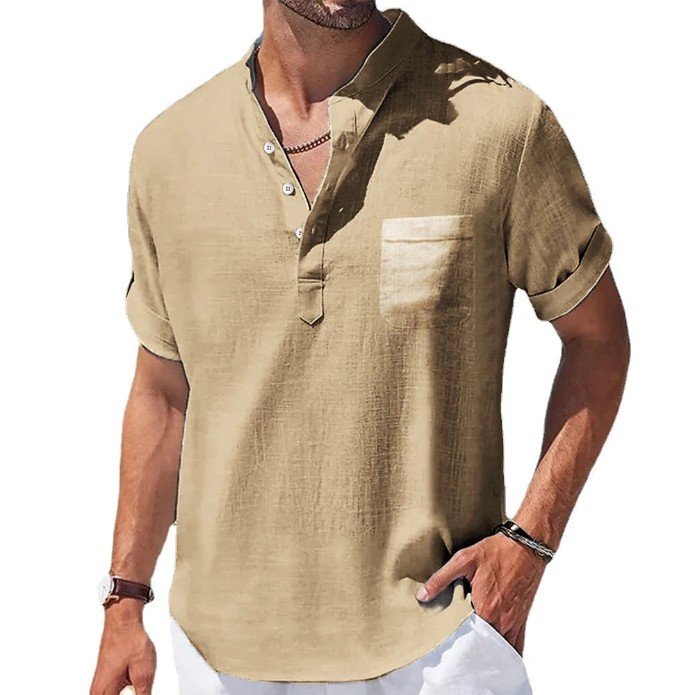 New Men's Casual Stand Up Collar Summer Solid Color Short Sleeve Linen Shirt Trendy Breathable Loose Youth Basic Pocket Top Quick Pick Grocers