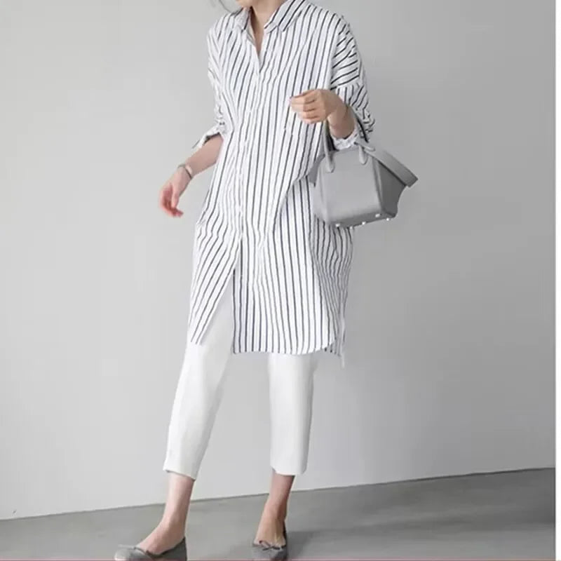 White Loose Long Sleeve Women's Shirt Lazy Design Sense Fashionable Midi New Style Button up Casual Office Wear Quick Pick Grocers
