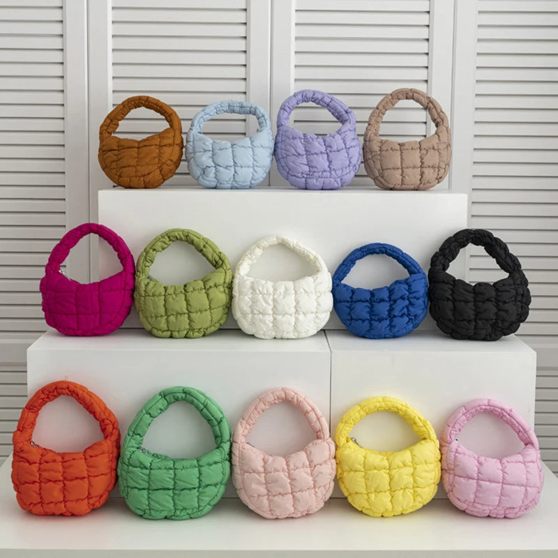 Fashion Mini Puffer Tote Bag Quilted Circle Phone Purse Elegant Purple Soft Nylon Padded Key Pouch Simple Trend Handbag Econic Blanks
