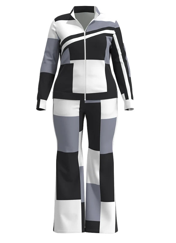 Two Piece Set Women Outfit 2023 Autumn Fashion Geometric Print Stand Collar Long Sleeve Zip Up Top & Casual Sporty Pants Set Quick Pick Grocers