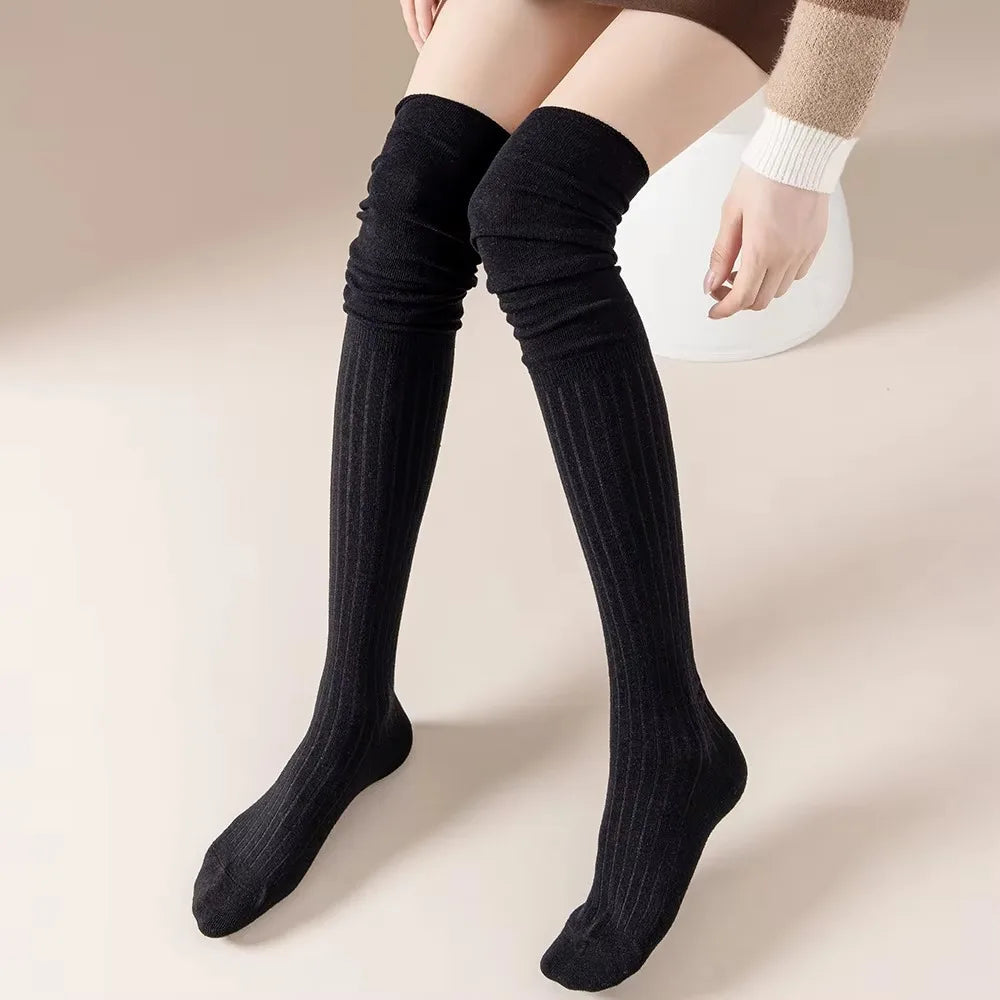 Fashion Pure Cotton Knee-high Socks Solid Color Keep Warm Long Tight Socks Boot Socks Fall Winter Quick Pick Grocers