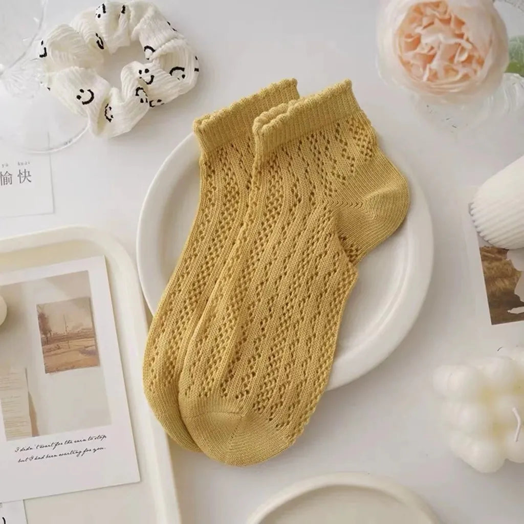 Fashionable Summer Soft Short Socks for Women Thin Mesh Sock Breathable Feature Sweet Hollow Out Design White Lace Ankle Socks Quick Pick Grocers
