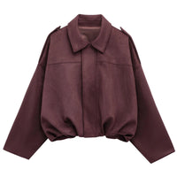 HXAO Women's Bomber Jacket Lapel Long Sleeve Zipper Suede Jacket Women 2025 High Street Cropped Racing Jackets Coats Outerwears Econic Blanks