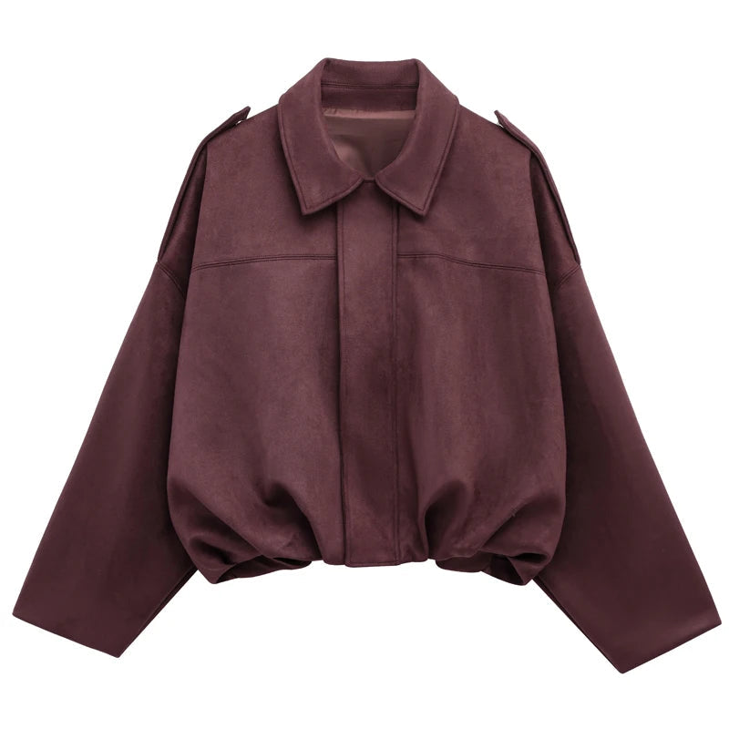 HXAO Women's Bomber Jacket Lapel Long Sleeve Zipper Suede Jacket Women 2025 High Street Cropped Racing Jackets Coats Outerwears Econic Blanks