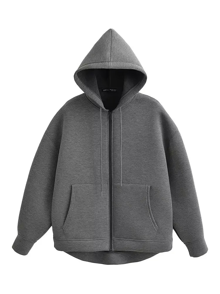 HH Autumn Women Gray Jacket With Hood Long Sleeve Big Pocket Zipper Jacket Coat Woman Loose Casual Outerwear Coat Tops Econic Blanks