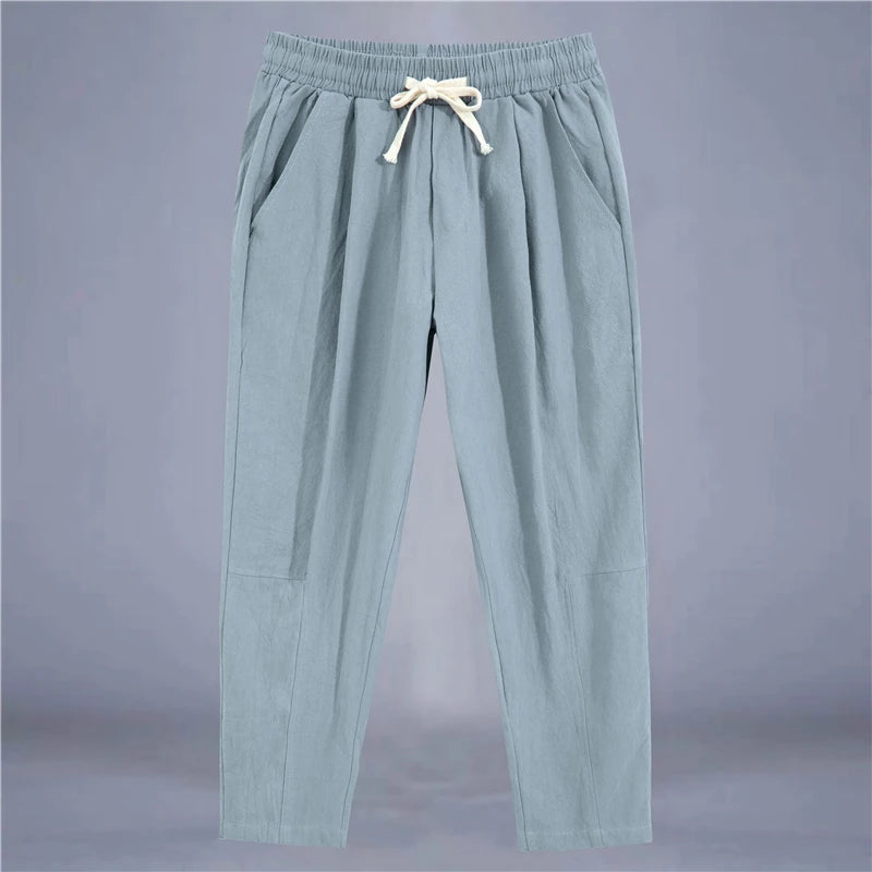 Men's Trousers Cotton Linen Fashion Casual Pants Solid Color Breathable Loose Shorts Straight Drawstring Pants Streetwear Men Quick Pick Grocers