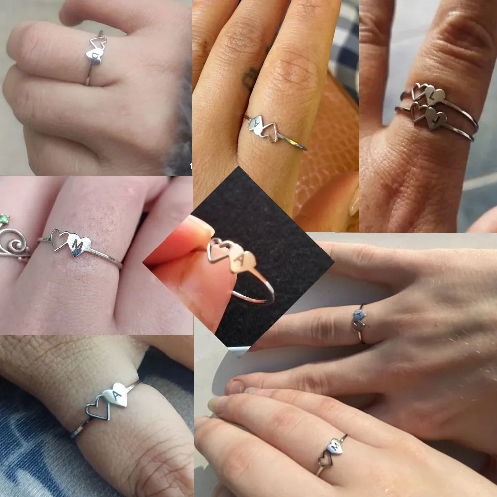 COOLTIME Initial Letter Ring for Women Stainless Steel A-Z Alphabet Double Heart Rings Simple Wedding Cheap Gift For Lover Quick Pick Grocers
