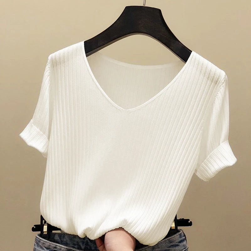 AOSSVIAO 2026 Basic V-neck Solid Thin Summer Women Pullover Female Thin Knitted Ribbed Sweater Slim Short Sleeve Bodycon Sweater Quick Pick Grocers