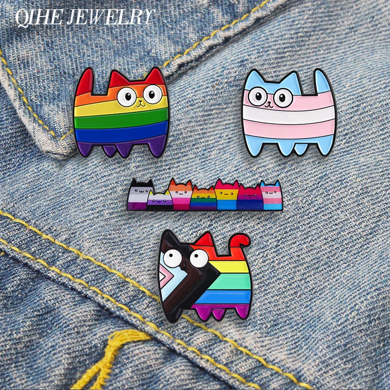 LGBT Pride Rainbow Striped Cat Brooch Enamel Pins Cute Cartoon Big Eye Kitten Brooch Lapel Badge Animal Jewelry Gift for Friends Quick Pick Grocers