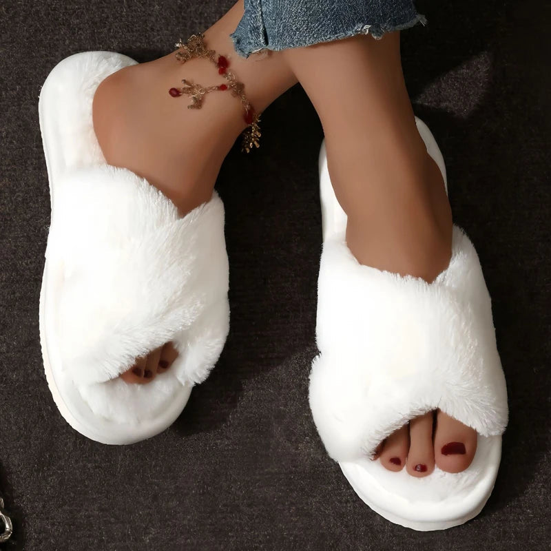 Cross Warm Fluffy Furry Slippers Women Lightweight Flat Heels Fur Slides Woman Autumn Winter Open Toe Non Slip Home Floor Shoes Purest Peak