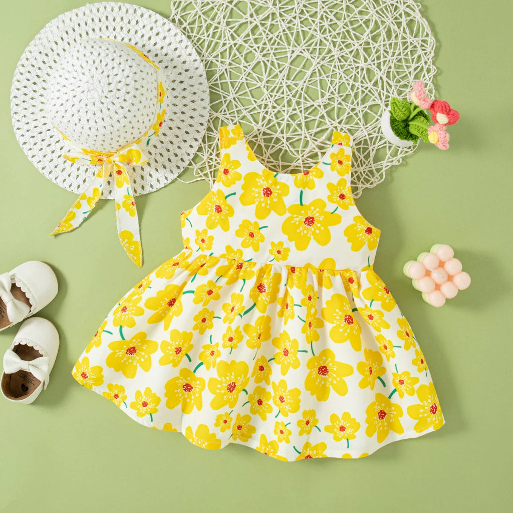 (0-2 Year Old Baby Girl Floral Dress) Summer New Sweet Bow Children'S Sleeveless Clothes With Free Hat For Beach Party Quick Pick Grocers