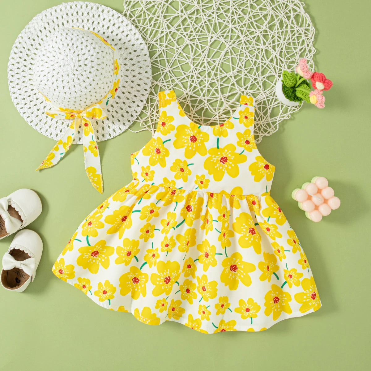 (0-2 Year Old Baby Girl Floral Dress) Summer New Sweet Bow Children'S Sleeveless Clothes With Free Hat For Beach Party Quick Pick Grocers