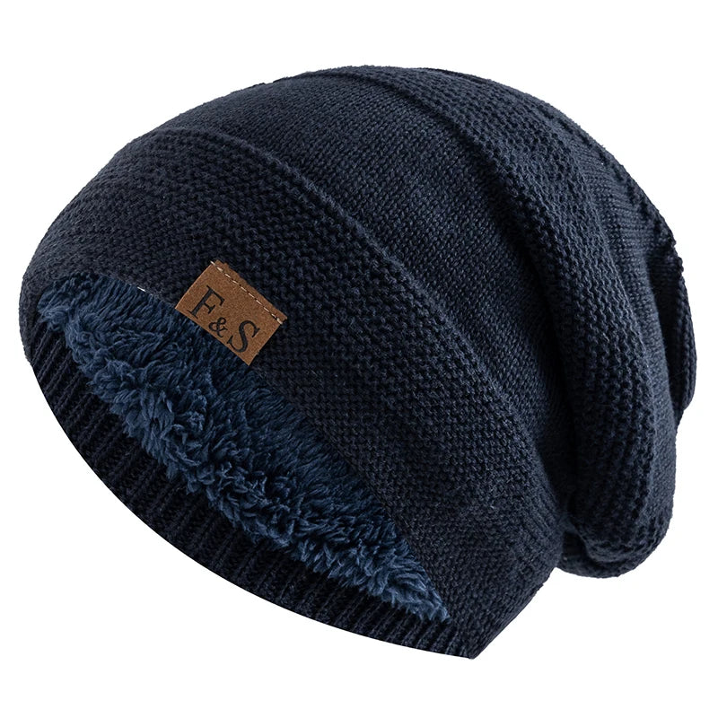 New Unisex Slouchy Winter Hats Add Fur Lined Men And Women Warm Beanie Cap Casual Label Decor Winter Knitted Hats Purest Peak