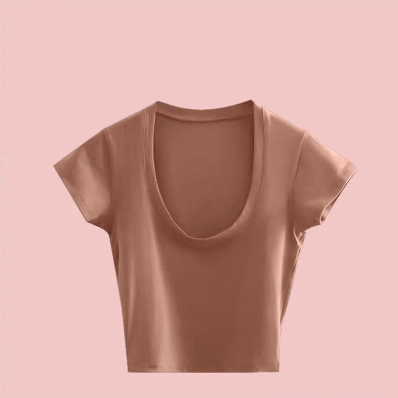Summer Slim T-Shirt Women Sexy Short Sleeve T Shirt U-Neck Gray Tee Female Solid Basic Black/White Korean Crop Tops Hot Y2k Quick Pick Grocers
