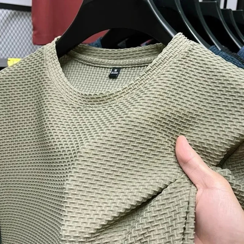 Men's Short Sleeve Mesh Bamboo Ice Silk T-shirt Casual Versatile Summer Elastic Slimming Top for Men Quick Pick Grocers