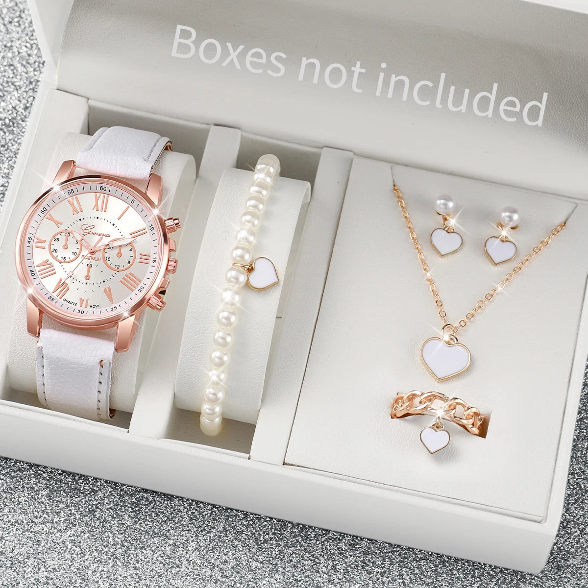 5/6PCS Fashion Women's Quartz Watch Leather Band Analog Wrist Watches Heart Rhinestone Jewelry Set(Without Box) Quick Pick Grocers