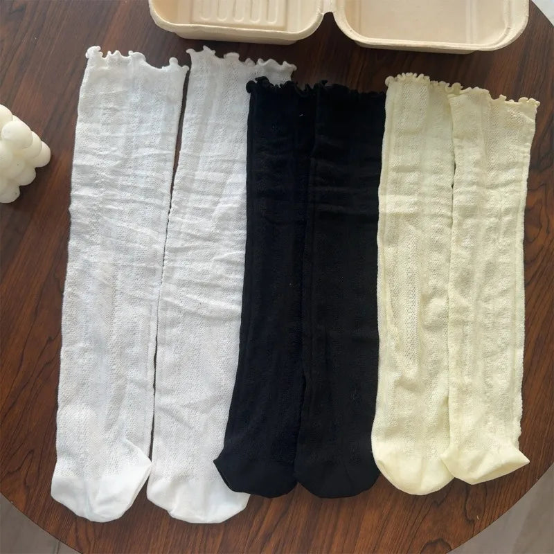 Japanese Kawaii Girls Cute Socks Spring Summer Mesh Hollow Out Women Socks Solid Color Female Harajuku Retro Vintage Long Socks Quick Pick Grocers