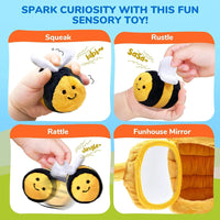 Baby Toys 6-12 Months Soft Baby Beehive with 5 Sensory Bee Rattle Mirror Crinkle Squeaker Busy Montessori Soft Toy for Toddlers Purest Peak