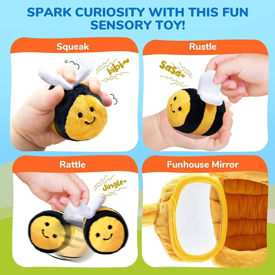 Baby Toys 6-12 Months Soft Baby Beehive with 5 Sensory Bee Rattle Mirror Crinkle Squeaker Busy Montessori Soft Toy for Toddlers Purest Peak