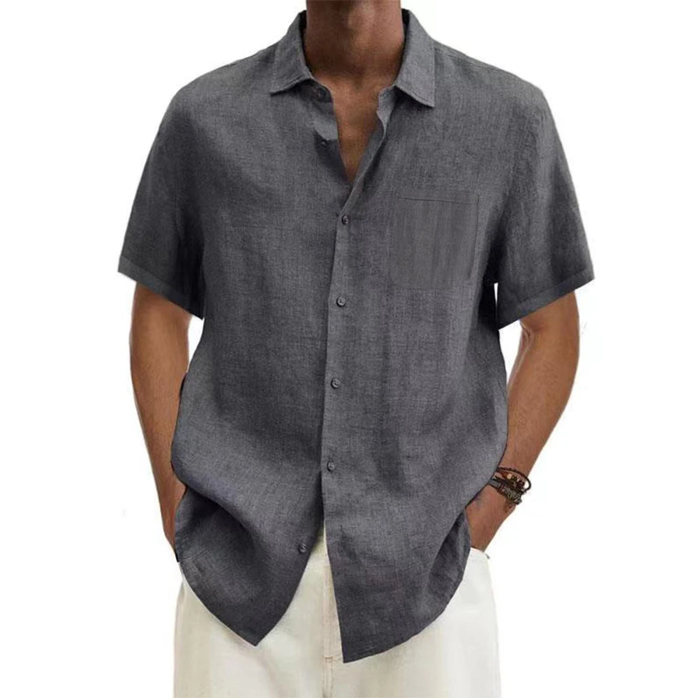 men Cotton Linen Hot Sale Men's Short-Sleeved Shirts Summer Solid Color Turn-down collar Casual Beach Style Plus Size tops Quick Pick Grocers