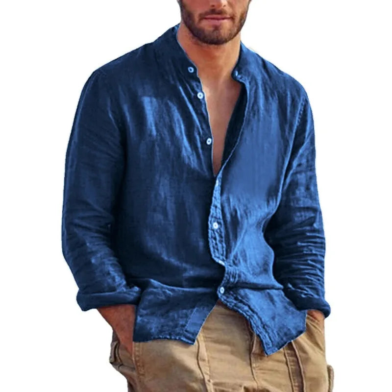 Sweatwear Men's Long Sleeve Shirt Linen Solid Color Shirts Trend Stand Collar Casual Lightweight Breathable Tops Hawaiian Shirt Quick Pick Grocers