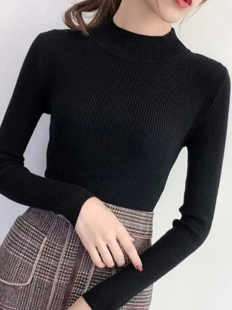 Autumn Winter Mock Neck Women Sweater Vintage Basic Solid Knitted Tops Casual Slim Pullover Korean Sweaters Simple Chic Jumpers Quick Pick Grocers