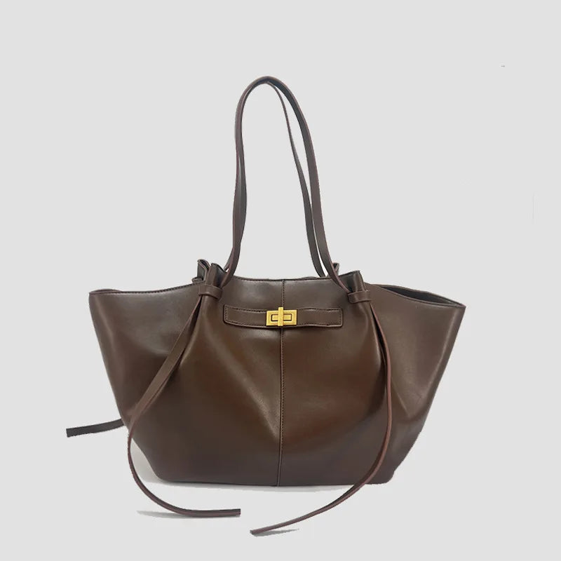 Fashion Large Capacity Trapeze Women Shoulder Bags Designer Metal Lock Handbags High-Quality Pu Leather Big Tote Commute Bag Quick Pick Grocers