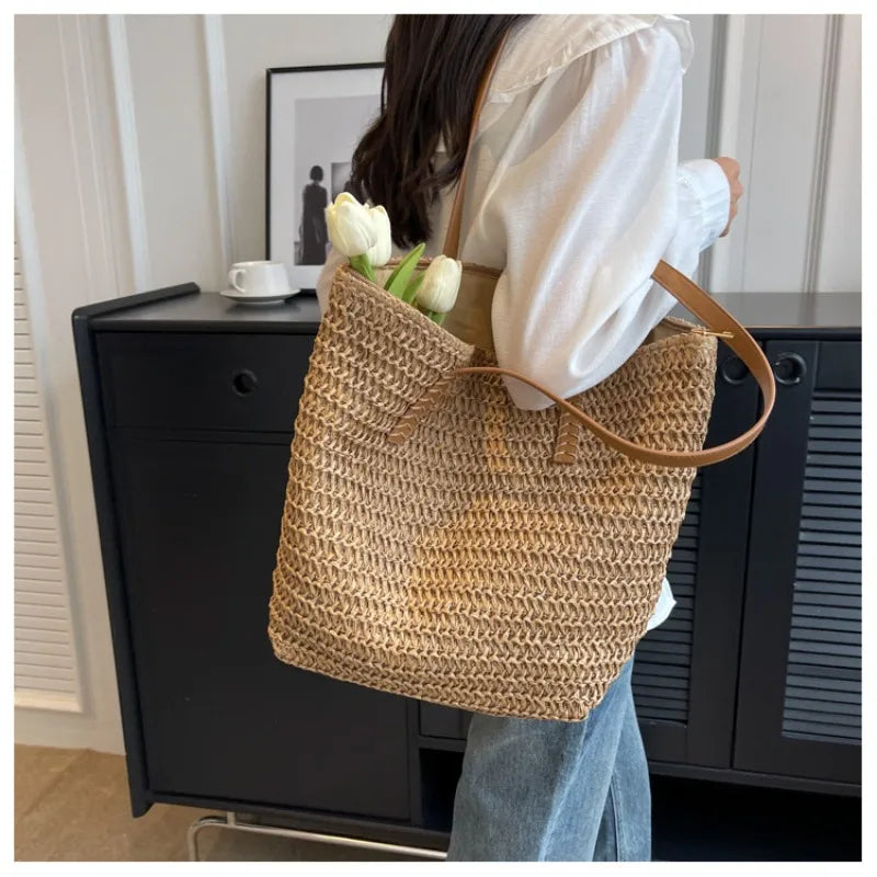 Hand-woven Women's Shoulder Handbag Bohemian 2025 Summer Fashion Straw Beach Tote Bag Travel Shopper Weaving Shopping Bags Quick Pick Grocers