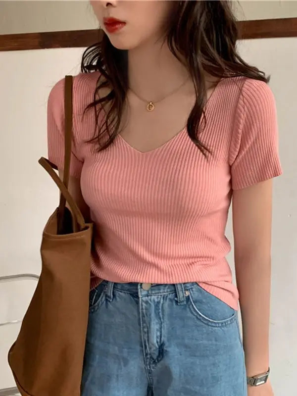 AOSSVIAO 2026 Basic V-neck Solid Thin Summer Pullover Women Female Knitted Ribbed Sweater Slim Short Sleeve Bodycon Sweater Quick Pick Grocers
