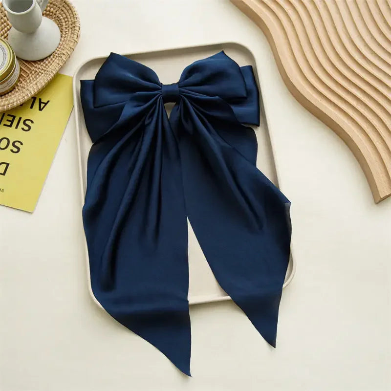 Korean Accessories Hair Clips for Women Girls Big Bowknot Solid Satin Long Ribbon Bows Spring Clamp Barette Cheveux Femme 2023 Quick Pick Grocers
