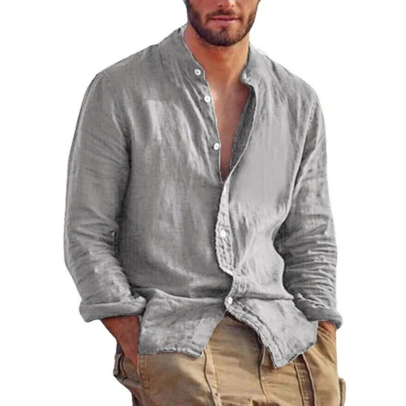 Sweatwear Men's Long Sleeve Shirt Linen Solid Color Shirts Trend Stand Collar Casual Lightweight Breathable Tops Hawaiian Shirt Quick Pick Grocers