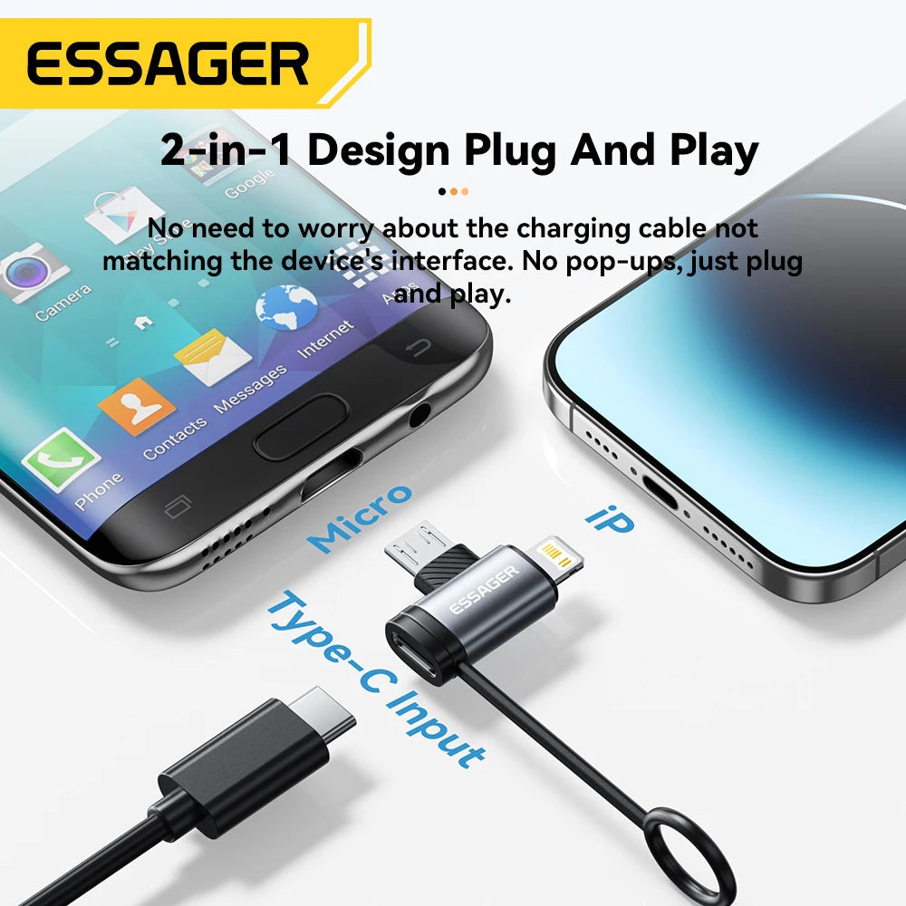 Essager 2-in-1 Lightning/Micro USB Adapter Fast Charging USB Type C Female Connector for iPhone 17 16 15 14 13pro iPad Converter Quick Pick Grocers