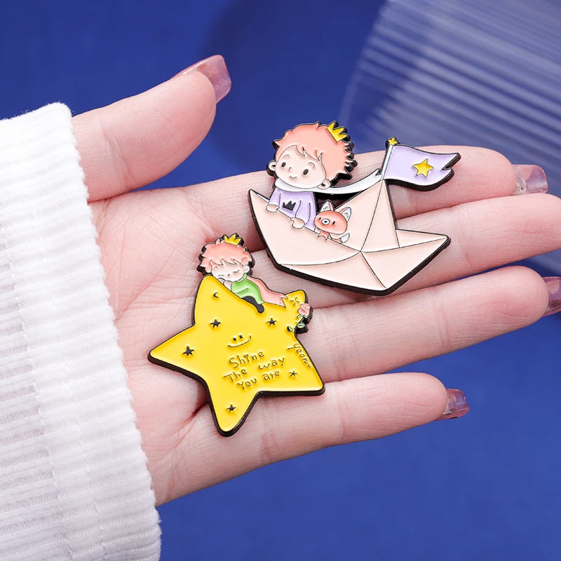 Cartoon Boy Fox Rose Enamel Pins Moon Star Whale Paper Boat Brooch Lapel Hat Bag Badge Jewelry Accessories Gift for Kids Friends Quick Pick Grocers